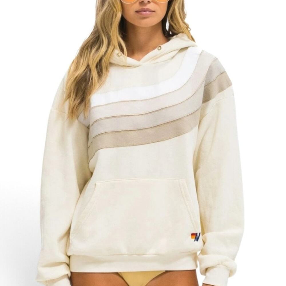 Aviator Nation Wave Stripe 4 Pullover Hoodie Vintage White Unisex XXL